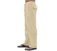 CheChury Men Linen Trousers Straight Leg Casual Pants with Elasticated Waist Drawstring Lightweight Baggy Summer Trousers with Pockets,Beige,M