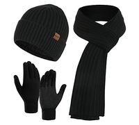 CheChury Men Scarf Glove Beanie Hat Set, Long Scarf and Touchscreen Gloves With Twist Thick Cable Knit Hat for Unisex Cold Weather 3 in 1, Black