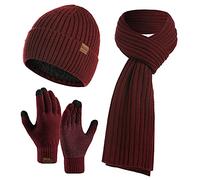 CheChury Men's Scarf, Glove & Beanie Hat Set - Long Scarf, Touchscreen Gloves & Thick Cable Knit Hat for Unisex Cold Weather - Wine