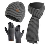 CheChury Men's Scarf, Glove & Beanie Hat Set - Long Scarf, Touchscreen Gloves & Thick Cable Knit Hat for Unisex Cold Weather - Deep Grey