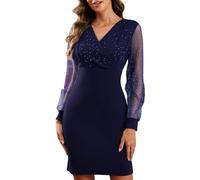 CheChury Party Dress for Women V Neck Bodycon Dresses Sequin Mesh Long Sleeves Dress for Evening Cocktail Glitter Dresses Women UK,Navy,XXL