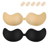 CheChury Stick on Bra for Women Invisible Strapless Backless Nipple Covers Self Adhesive Bra Push Up Sticky Reusable Front Clip Bras,Black+Beige,B