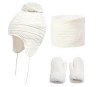 CheChury Toddler Hat Scarf and Gloves Set Boys Girls Warm Fleece Hat Lined Caps Neckerchief and Mitten Newborn Winter Earflap Pilot Hat 0-5 Years Old,White,S