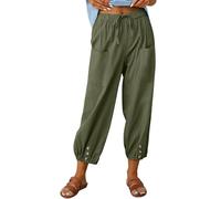 CheChury Trousers for Women UK Women's Summer Beach Pants High Waist Drawstring Bottom with Button Cotton Linen Loose Casual Trouser with Pockets,Green,S
