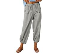 CheChury Trousers for Women UK Women's Summer Beach Pants High Waist Drawstring Bottom with Button Cotton Linen Loose Casual Trouser with Pockets,Grey,M