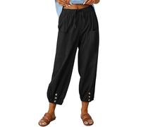 CheChury Trousers for Women UK Women's Summer Beach Pants High Waist Drawstring Bottom with Button Cotton Linen Loose Casual Trouser with Pockets,Black,XXL