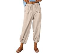 CheChury Trousers for Women UK Women's Summer Beach Pants High Waist Drawstring Bottom with Button Cotton Linen Loose Casual Trouser with Pockets,Beige,XXL