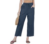 CheChury Women Cropped Trousers Cotton Linen Pants Elastic High Waist Trousers Solid Ladies Summer Straight Leg Lounge Pants with Pockets and Drawstring,Navy,L