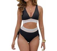 CheChury Women High Waisted Bikini Set Push Up Swimsuit Drawstring Side Bobo Swimwear Color-Block Bathing Suit,Black,S