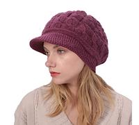 CheChury Women Knit Beanie Hats Visor Winter Fleece Lined Beret Hat Knitted Peaked Beanie Thermal Baker Boy Cap Newsboy Cap Hat Warm Wool Ski Hat for Winter,Wine RED,One Size