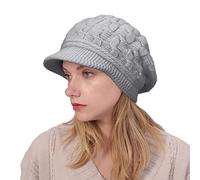 CheChury Women Knit Beanie Hats Visor Winter Fleece Lined Beret Hat Knitted Peaked Beanie Thermal Baker Boy Cap Newsboy Cap Hat Warm Wool Ski Hat for Winter,Grey,One Size