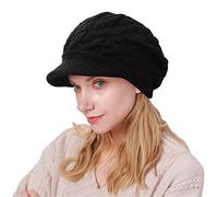 CheChury Women Knit Beanie Hats Visor Winter Fleece Lined Beret Hat Knitted Peaked Beanie Thermal Baker Boy Cap Newsboy Cap Hat Warm Wool Ski Hat for Winter,Black,One Size