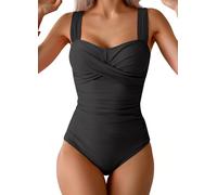 CheChury Women One Piece Swimming Costume Tummy Control Slimming Swimwear Casual Cross Square Neck Bathing Suits Adjustable Wide Straps Ruched Vintage Modest Ladies Swimsuit,Black,XL