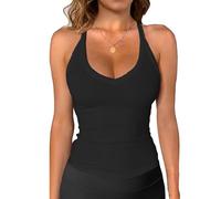 CheChury Women Tank Top with Built in Bra Racer Back Vest Tops Padded Strappy Crop Top V Neck Ribbed Cami Tops for Women Vest with Built in Bra Support Casual Camisole Workout Gym,Black,L