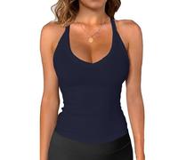 CheChury Women Tank Top with Built in Bra Racer Back Vest Tops Padded Strappy Crop Top V Neck Ribbed Cami Tops for Women Vest with Built in Bra Support Casual Camisole Workout Gym,Navy,XS