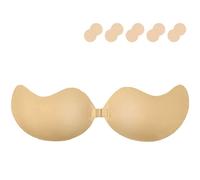 CheChury Women's Adhesive Bras Sticky Bra Push Up Invisible Bra Self Adhesive Gathering Lift Up Stick On Bras Silicone Reusable Strapless Bra for Backless Dresses with Nipple Covers,Beige,D Cup