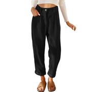 CheChury Women's Corduroy Trousers Vintage Button Elastic Pants Corduroy Trousers for Women UK Straight Leg Loose Comfy Pants with Pockets,Black,S