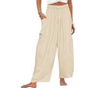 CheChury Women's Linen Trousers, Beige, XL, Wide Leg, High Waist, Pleated Front, Loose Fit, Spring-Summer, Solid Color, 2 Side Pockets, Drawstring Elastic Waist, Casual, Adult, UK Size