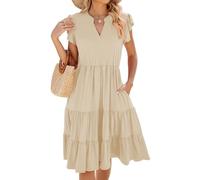 CheChury Women's Summer Dresses with Pockets Ladies Casual Dresses Boho Tiered Floaty Dresses V Neck A Line Dress Short Sleeve Ruffle Sundress Soft Holiday Dresses Beach Dresses Elegant,Beige,S