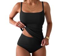 CheChury Women's Tankini Set UK Two Piece Swimsuit Square Neck Adjustable Straps Tankini Top with Bikini Bottoms Ribbed Sexy Slim Chic Tankini Set,Black,S