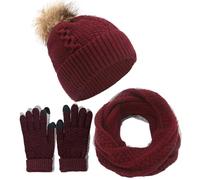 CheChury Women's Warm Scarf Glove Beanie Hat Set, Snood and Touchscreen Gloves Set with Twist Thick Beanie Cap for Unisex Outdoor Sports, Cable Knit Scarf 3 in 1, Red, One Size