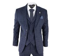 Check 3 Piece Tweed Suit Peaky Blinders 1920s Gatsby Tailored Fit Infinity Leather Blue 46R