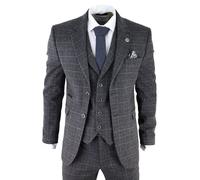 Check 3 Piece Tweed Suit Peaky Blinders 1920s Gatsby Tailored Fit Infinity Leather Grey 52R