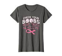 Check Boobs I Breast Cancer Awareness Disease Survivor T-Shirt, Women, Asphalt Grey, Medium