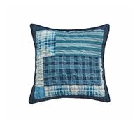 (Check Denim-Blue, Cushion Cover 17" x 17") 3 Piece Patchwork Bedspread Quilted Throw Double & King Size Printed Bedding Set