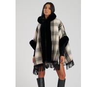 Check Faux Fur Poncho w/ Fringe South Beach Black One Size