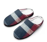 Check Pattern Red And Blue Plaid Slippers Men Winter Warm Cotton Anti-Slip Indoor Slip-Ons House Shoes