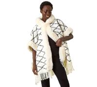 Check Print Faux Fur Trim Cape Roman Ivory One Size