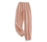 Check Pyjamas Pyjama Bottoms Womens Linen Drawstring High Waisetd Elastic Trousers Baggy Cuffed Loose Pjs Checked Casual Pants for Ladies Lightweight Cozy Loungewear Nightwear Sleepwear A