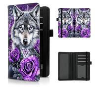 Checkbook Cover for Men and Women Personal Checkbook PU Leather Check Book Credit Card Holder Wallet with RFID Protection & Built-in Pen Holder for Duplicate Checks, Purple Rose Flowers Wolf
