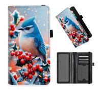 Checkbook Cover for Men & Women, RFID Blocking Checkbook Holder Wallet-32, Blue Bird Holly Snow Berry, Art Deco