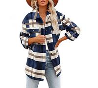 Checked Fleece Jacket Womens Shacket Boyfriend Long Sleeve Shirt Fall Winter Baggy Lapel Warm Cardigan Trench Coat SIGOYI, B-Blue, L