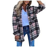 Checked Fleece Jacket Womens Shacket Boyfriend Long Sleeve Shirt Fall Winter Baggy Lapel Warm Cardigan Trench Coat SIGOYI, G-Pink, L (SIGOYI women Jacket-2021)
