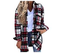 Checked Fleece Jacket Womens Shacket Boyfriend Long Sleeve Shirt Fall Winter Baggy Lapel Warm Cardigan Trench Coat SIGOYI, G-Red, S (SIGOYI women Jacket-2021)