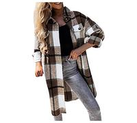 Checked Fleece Jacket Womens Shacket Boyfriend Long Sleeve Shirt Fall Winter Baggy Lapel Warm Cardigan Trench Coat SIGOYI, XL