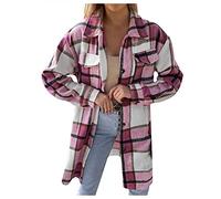 Checked Fleece Jacket Womens Shacket Boyfriend Long Sleeve Shirt Fall Winter Baggy Lapel Warm Cardigan Trench Coat SIGOYI, F-Pink, XL (SIGOYI women Jacket-2021)