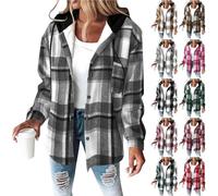 Checked Hoodies Coat Womens Sherpa softshell Full Button Jackets Vintage Casual Fleece Hooded Cardigans Soft Warm Smart Button up Coats Outerwear Viking Plaid Cowboy Cardigan Dark Gray