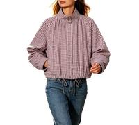 Checked Jackets for Women UK Lightweight Plaid Bomber Jacket Stand Collar Zip Up Cropped Jacket Loose Fit Drawstring Wasit Hiking Coat with Pocket Autumn Outdoor Windbreaker Streetwear