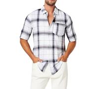 Checked Shirt Mens Summer Casual Button Down V Neck Short Sleeve T Shirt Plaid Printed Simple Classic Stylish Plaint Shirts Breathable Lightweight Comfy Daily Sport Running Tshirt T-Shirt
