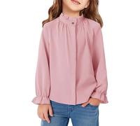 Checked Shirt Women's Red and Girls European and American Simple Stand-Up Collar Plain Versatile Commuting Pleated Lace Long Sleeves Medium and Large Girls Short T-shirts for Girls, red, 5-6 Years