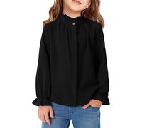 Checked Shirt Women's Red and Girls European and American Simple Stand-Up Collar Plain Versatile Commuting Pleated Lace Long Sleeves Medium and Large Girls Short T-shirts for Girls, black, 10-12 Years