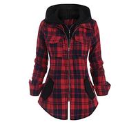 Checked Shirts Women Oversized Hoodies Lightweight Plaid Flannel Shirts Casual Shacket Zip Up Hooded Sweater Long Sleeve Blouses with Pocket Christmas Jumper Xmas Sweatshirt Ladies UK Sale Red