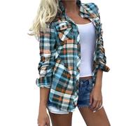 Checked Shirts Womens Classic Long Sleeve Plaid Fall Outdoor Camping Shirt Blouse Lightweight Regular Fit Collared V Neck Button Down Workwear Ladies Tops Cardigan with Pockets