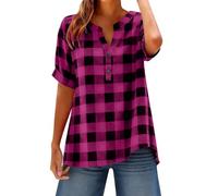 Checked Shirts Womens Cotton Linen Short Sleeve Henley Tops Women V Neck Button Loose Fit Breathable Blouse Ladies Country Walk Pub Gathering Casual Tops S-5Xl Hot Pink