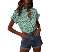 Checked Shirts Womens Gingham Check Short Sleeve Blouses Button Down Shirt Ruffle Trim Stand Collar Blouse Casual Loose Fit Summer Top for Ladies Daily Wear Green XL
