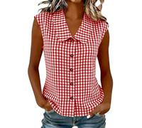 Checked Shirts Womens - Sleeveless Button Up Shirt, Ladies Gingham Blouses Plaid Tops Y2K Loose Fit Vest Tops, Peter Pan Collar Blouse Casual Office Work Summer Vests, Lace Trim Knit Tank A Red
